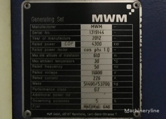 Deutz MWM TCG2032V16 gas genset 4300 kW 50 Hz 10500V gasgenerator